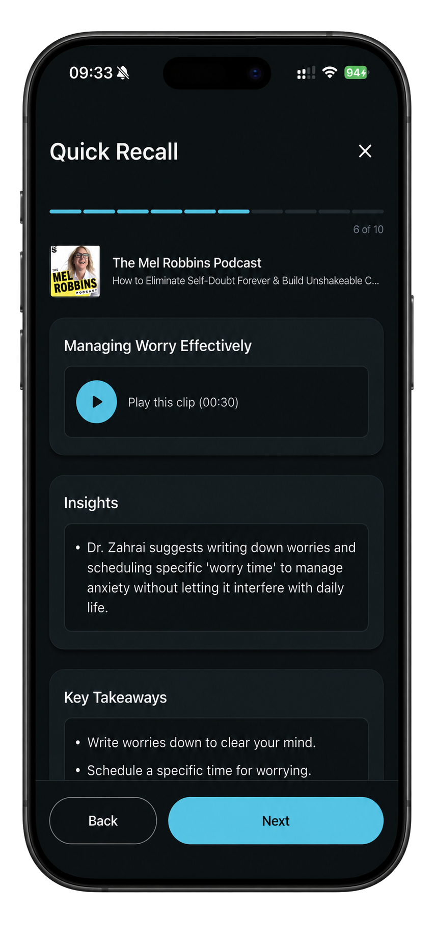 Review saved podcast insights with ClipCast Weekly Learning