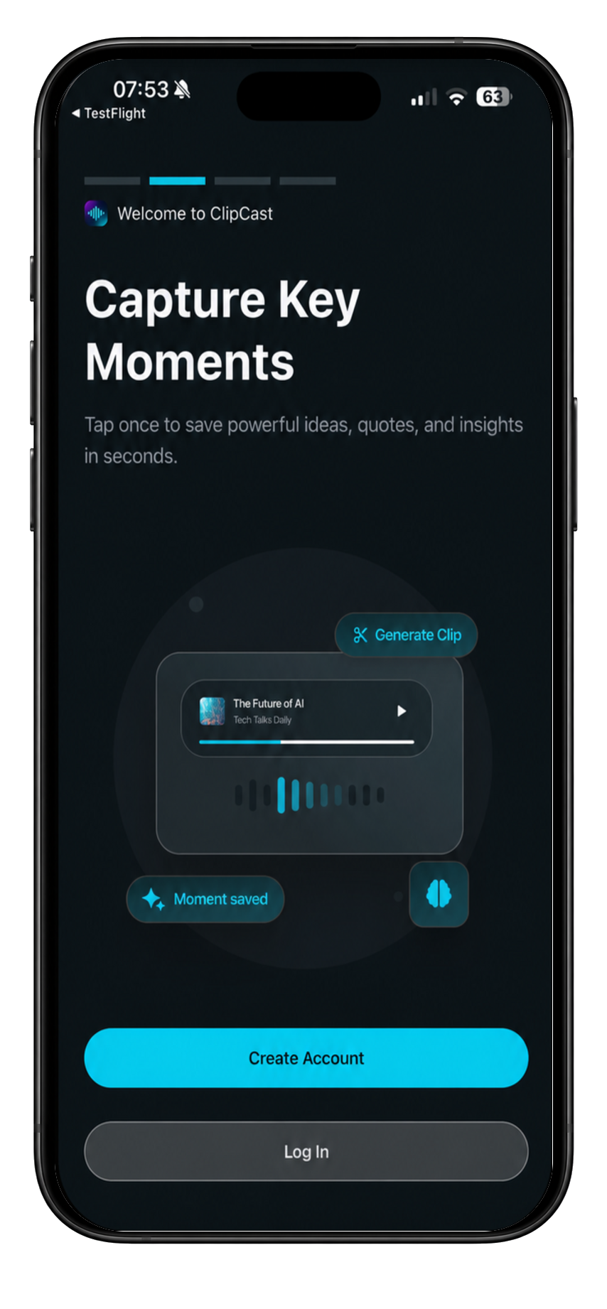ClipCast onboarding screen explaining how to capture key podcast moments