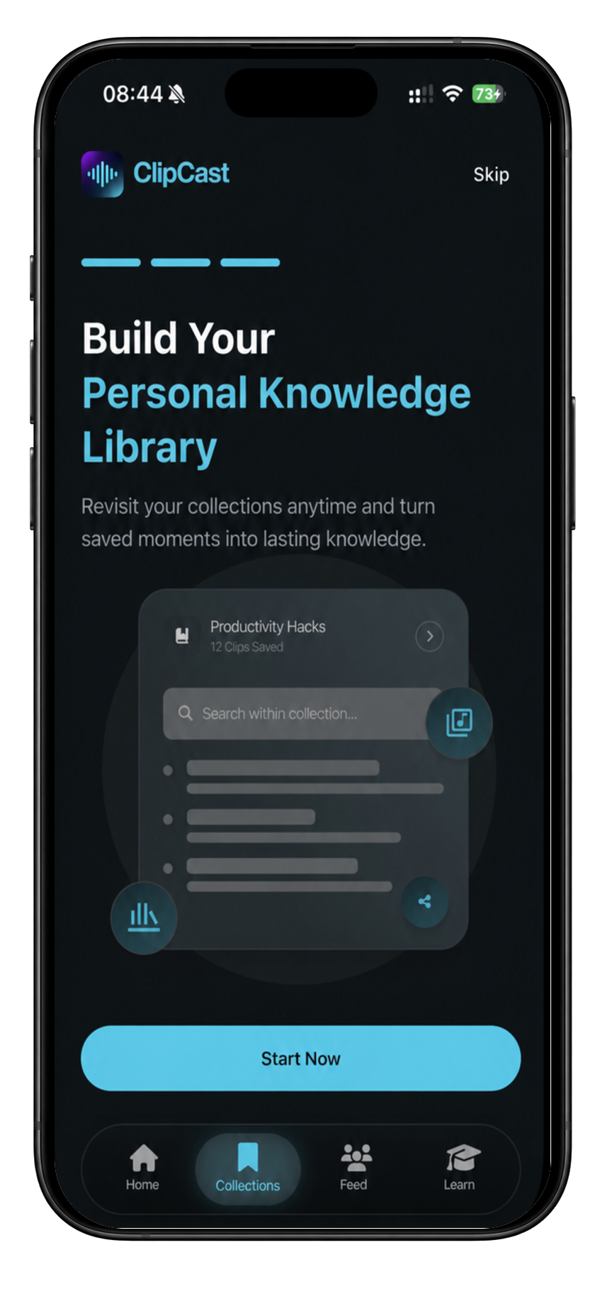 ClipCast screen showing a personal knowledge library of saved podcast collections
